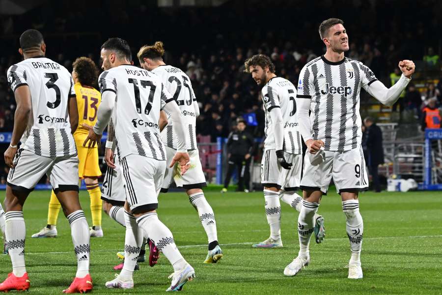 Dusan Vlahovic celebrates after scoring a penalty for Juventus 