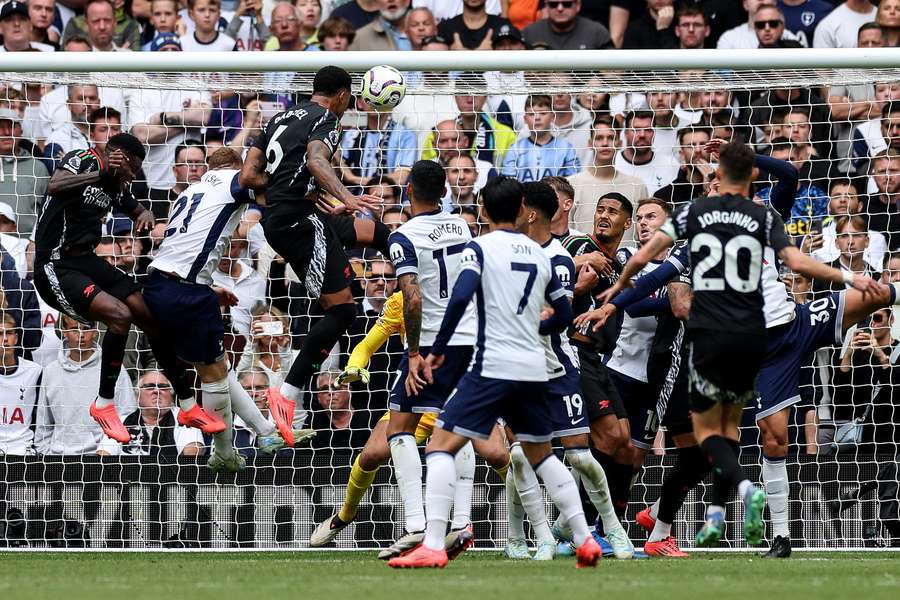 Gabriel Magalhaes jumps highest to head Arsenal into a 1-0 lead over north London rivals Tottenham on Sunday