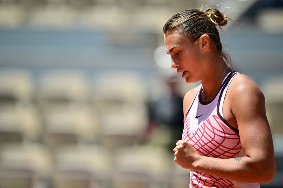 Belarus' Aryna Sabalenka reacts after a point against Russia's Kamilla Rakhimova
