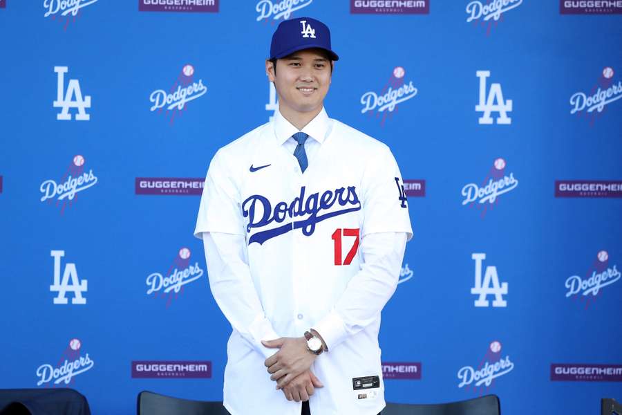 Shohei Ohtani is introduced by the Los Angeles Dodgers at Dodger Stadium