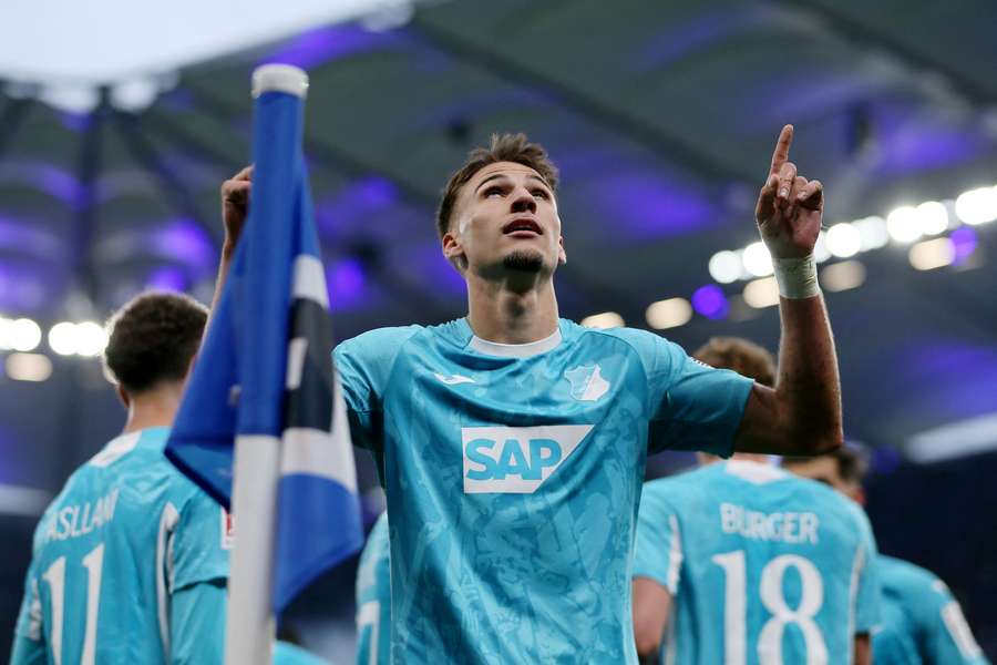 Tim Lemperle of Hoffenheim celebrates scoring his team's second goal