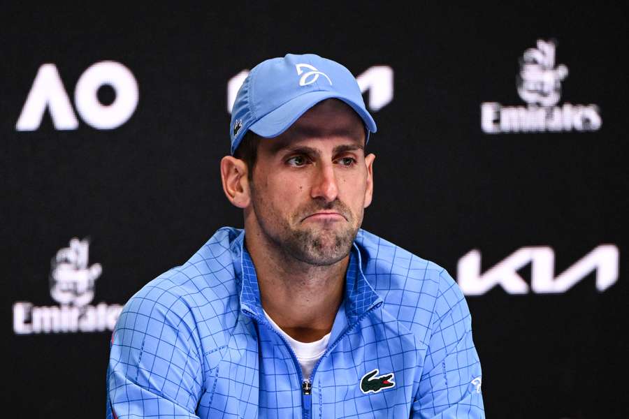 Novak Djokovic gives a press conference after his victory against Tommy Paul