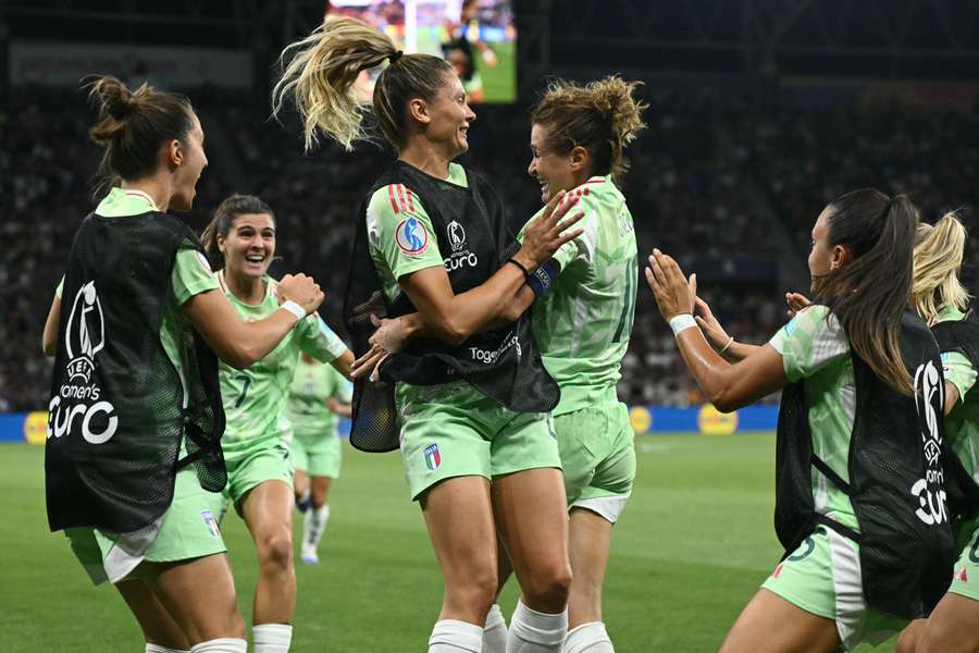 Italy forward Cristiana Girelli (left) celebrates with Sofia Cantore and Michela Cambiaghi after scoring against Norway