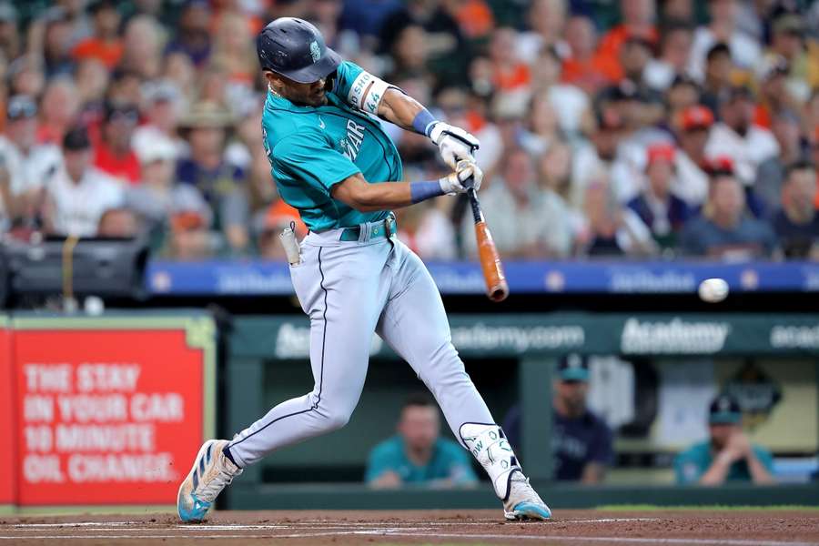 Seattle Mariners centre fielder Julio Rodriguez hits a single against the Houston Astros during the first inning