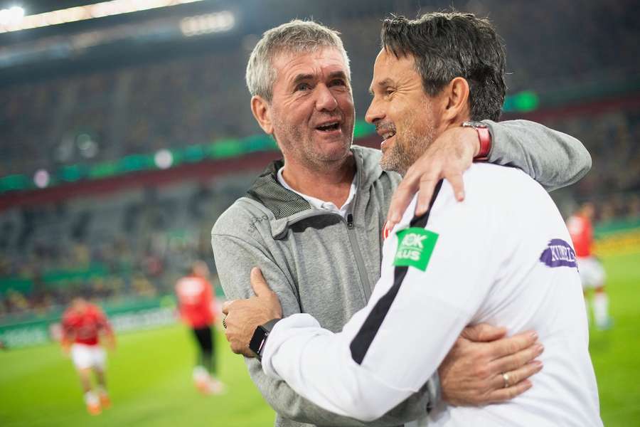 Friedhelm Funkel (l.) und Dirk Schuster sind langjährige Weggefährten im Bundesliga-Geschäft.