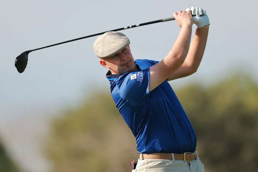 Harry Hall plays his shot from the 15th tee during the first round of the Mexico Open