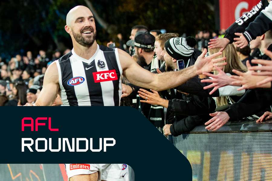 Steele Sidebottom celebrates Collingwood's win over the Crows with visiting fans at the Adelaide Oval. Steele Sidebottom celebrates Collingwood's win over the Crows with visiting fans at the Adelaide Oval.