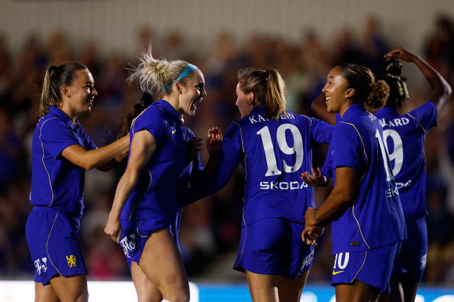 Chelsea's Lauren James celebrates scoring their fourth goal with Ellie Carpenter Chelsea's Lauren James celebrates scoring their fourth goal with Ellie Carpenter