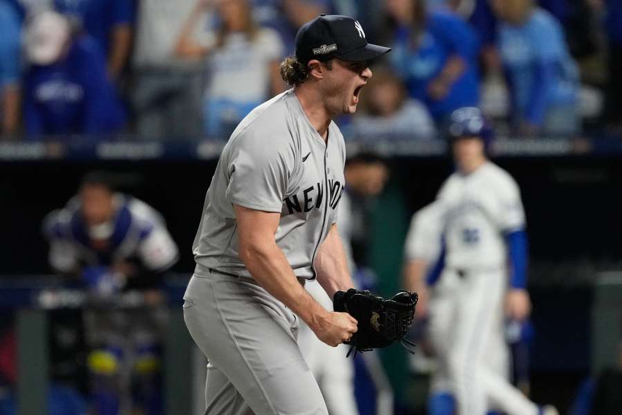 New York Yankees pitcher Gerrit Cole reacts during the series-clinching win over Kansas City in the MLB play-offs