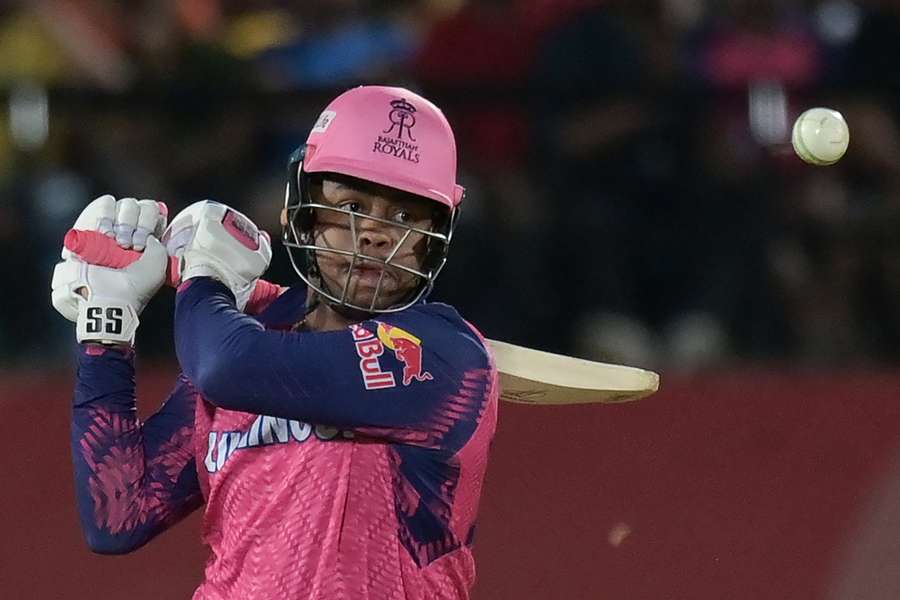 Rajasthan Royals' Shimron Hetmyer plays a shot during the Indian Premier League match between Punjab Kings and Rajasthan Royals 