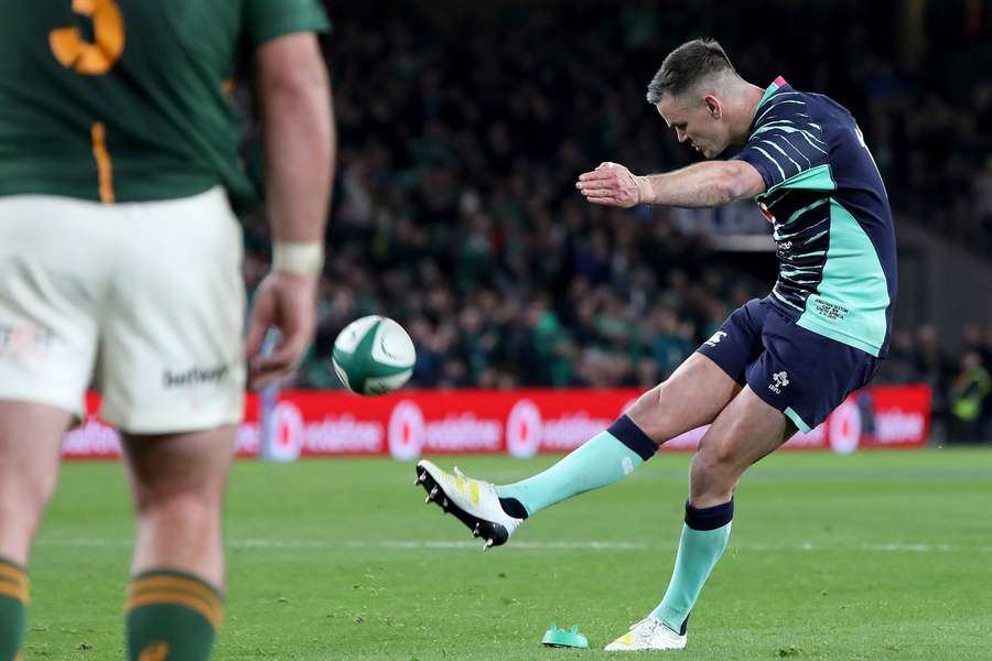 Johnny Sexton kicks a penalty during the Autumn International friendly against South Africa