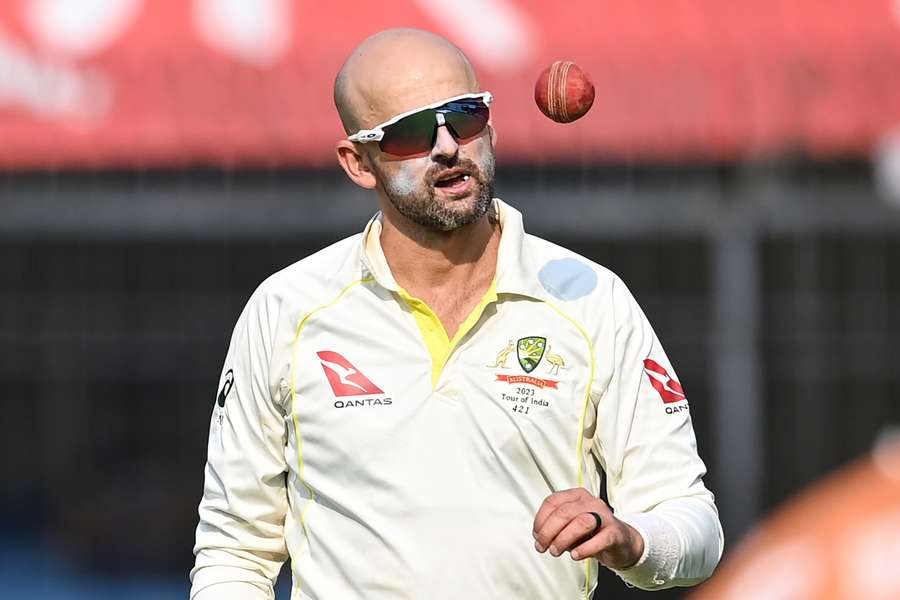 Nathan Lyon prepares to catch the ball during the third Test between India and Australia at the Holkar Stadium in Indore