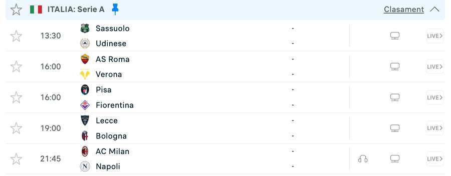 Programul zilei în Serie A