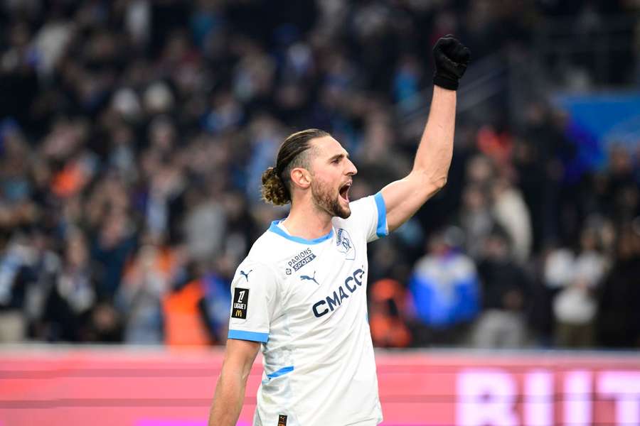 Adrien Rabiot celebrates scoring for Marseille against Lyon