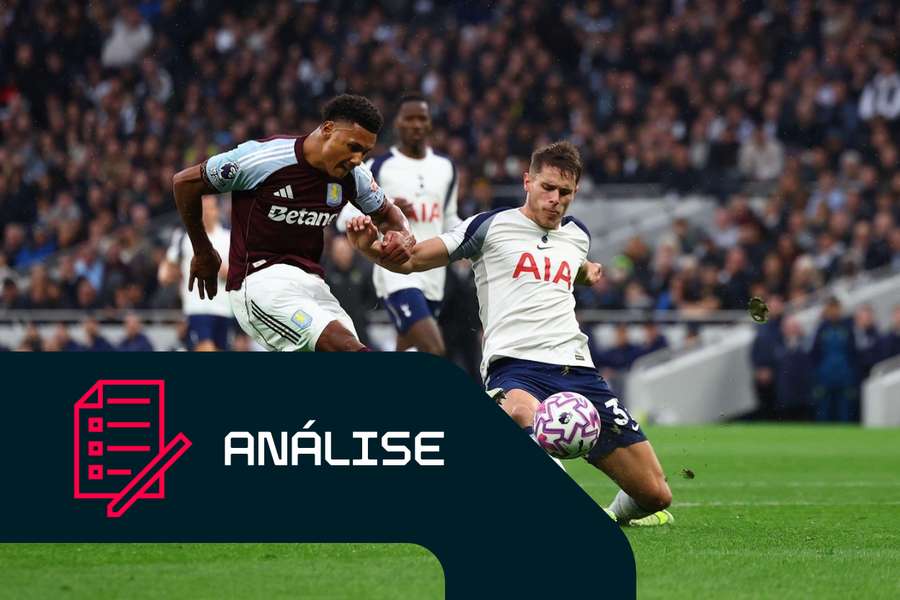 Ollie Watkins, do Aston Villa (à esquerda), remata perante Micky van de Ven, do Tottenham, no início desta época Ollie Watkins, do Aston Villa (à esquerda), remata perante Micky van de Ven, do Tottenham, no início desta época