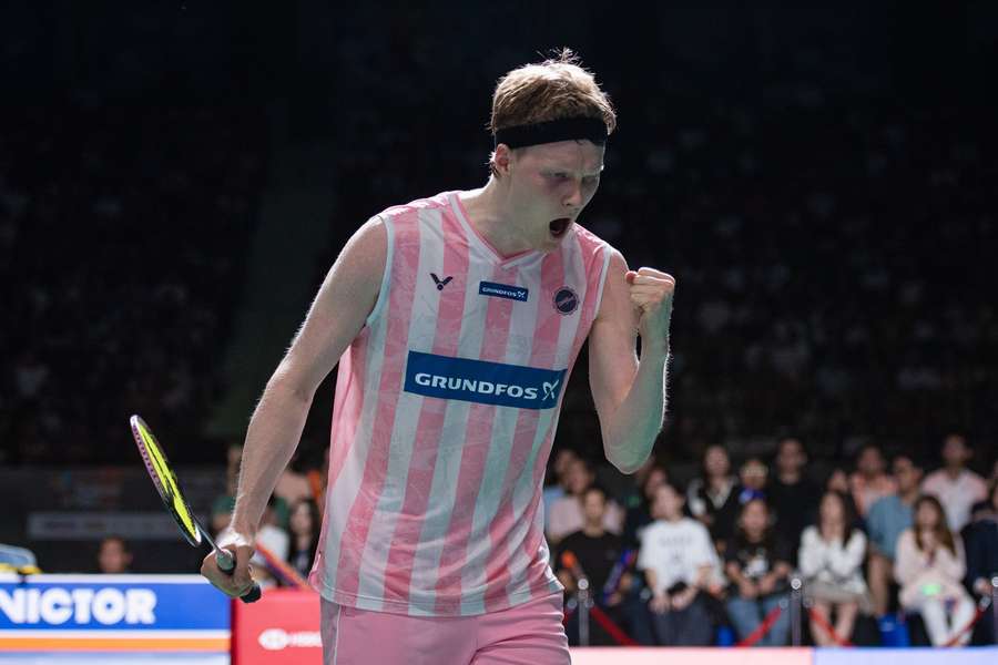 Anders Antonsen celebrates his win in the first round of the World Championships