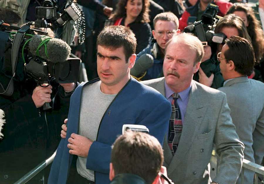 Eric Cantona arrives at East Croydon magistrates court in South London on March 23rd where he pleaded guilty to charges of assault at Crystal Palace