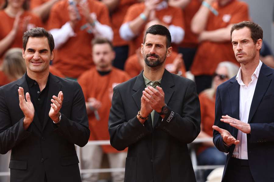 Roger Federer, Novak Djokovic i Andy Murray podczas ceremonii Rafy Nadala