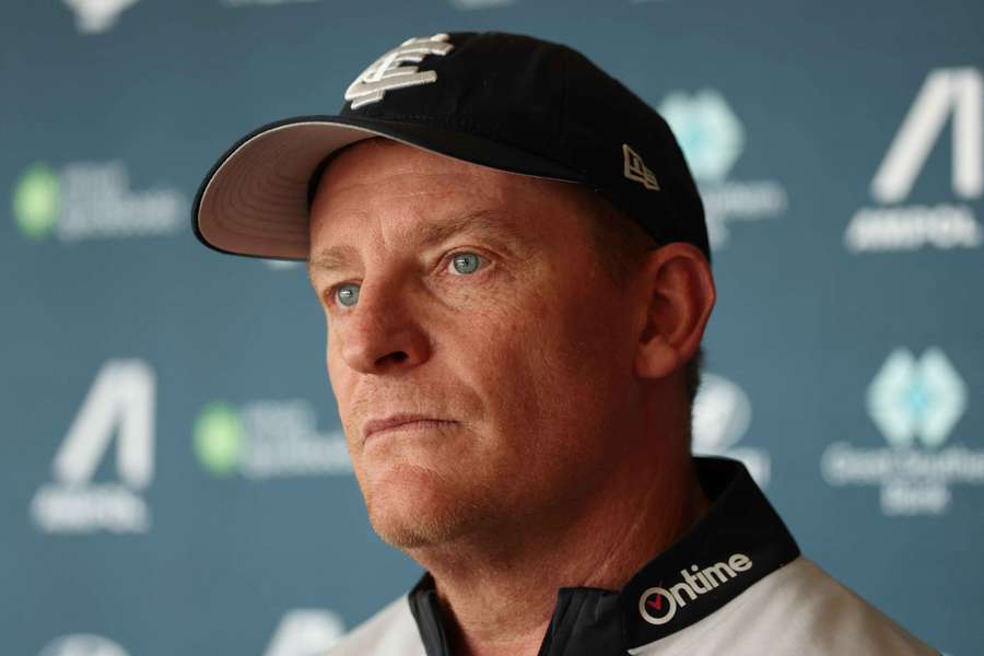 Michael Voss speaks to the media during a Carlton training session.