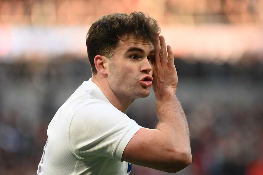 France's wing Damian Penaud reacts during the Six Nations match against Scotland