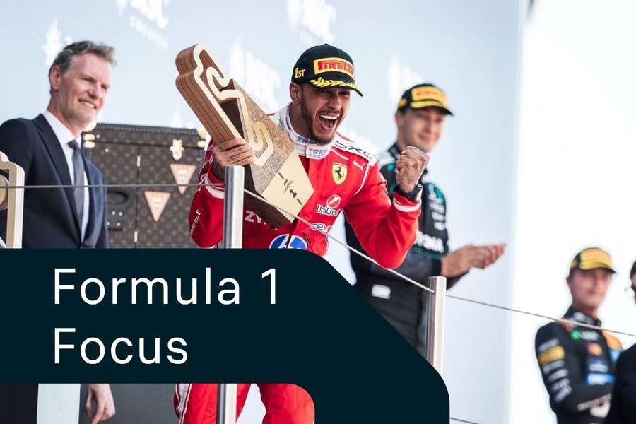 Lewis Hamilton on the podium after winning the Spanish Grand Prix
