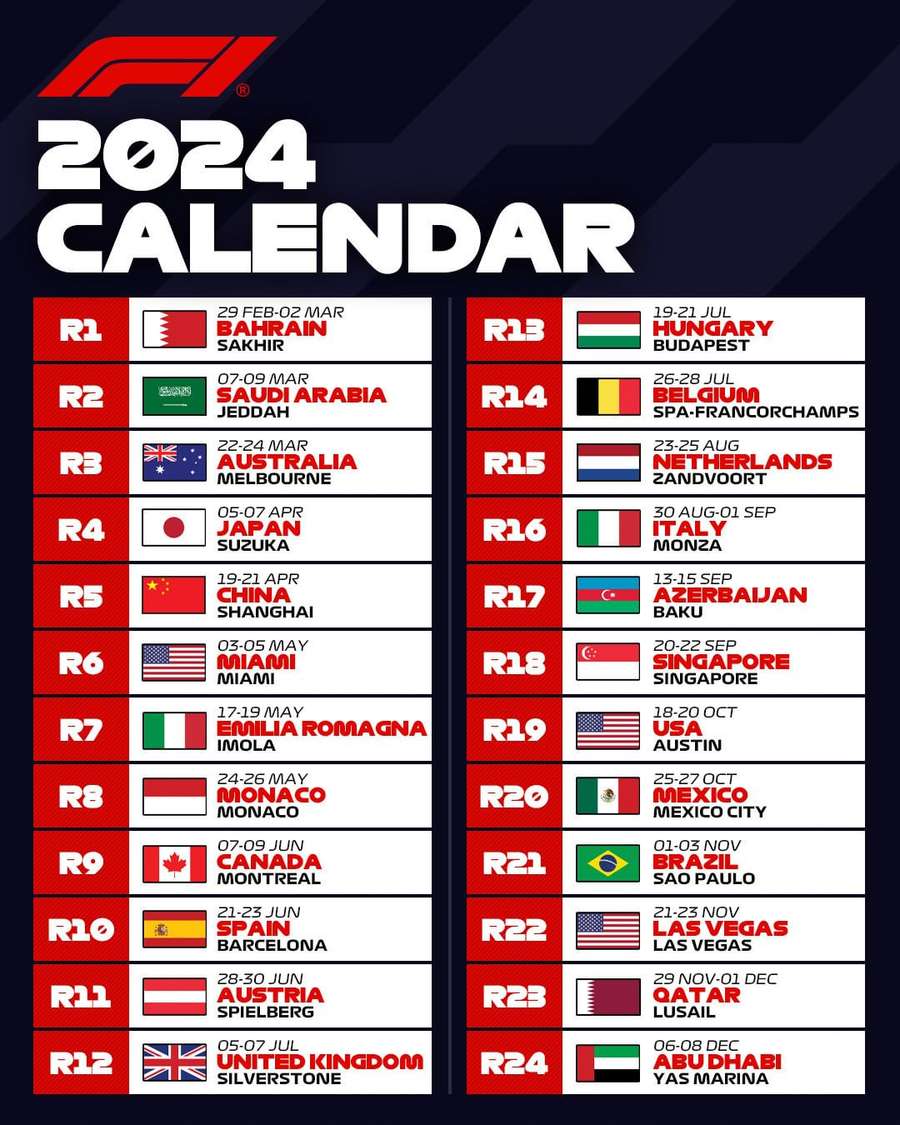 O calendário completa da temporada 2024 da F1