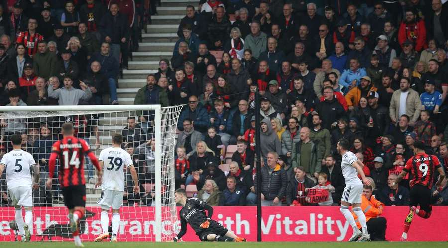 Bournemouth's English striker Dominic Solanke (R) scores their third goal