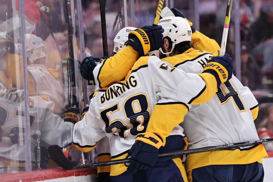 The Nashville Predators scored five times to win on Monday night in the NHL. The Nashville Predators scored five times to win on Monday night in the NHL.
