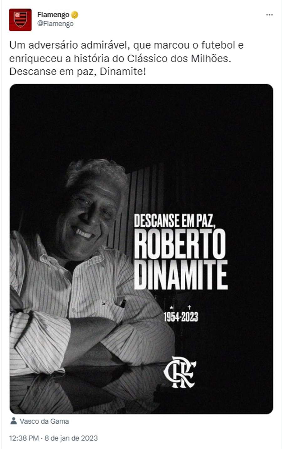 O Flamengo exaltou a grandeza de Dinamite nos clássicos entre o clube e o Vasco
