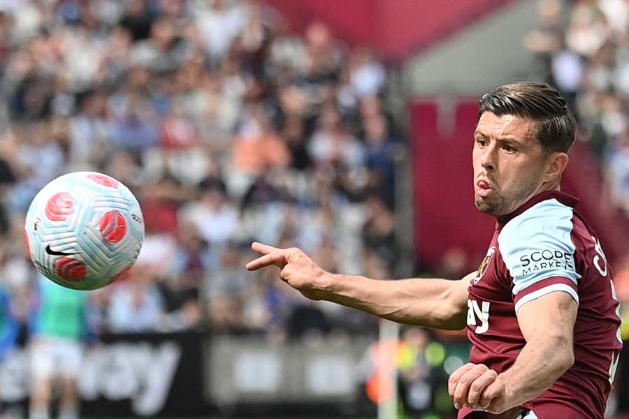 West Ham United's English defender Aaron Cresswell eyes the ball as he prepares to shoot 