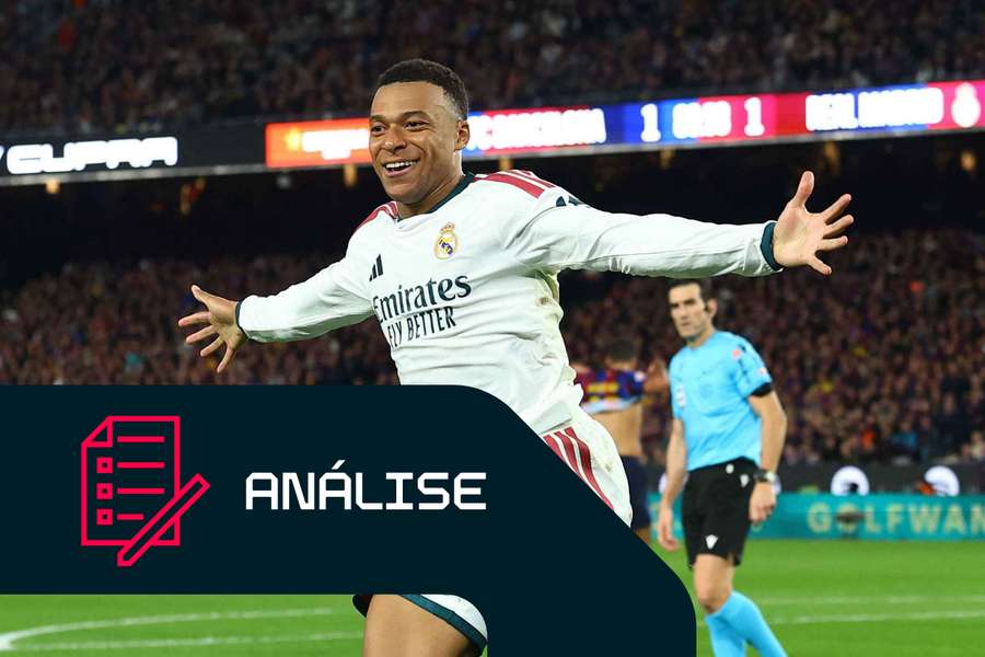 Kylian Mbappé, do Real Madrid, celebra o golo da vitória contra o Barcelona Kylian Mbappé, do Real Madrid, celebra o golo da vitória contra o Barcelona