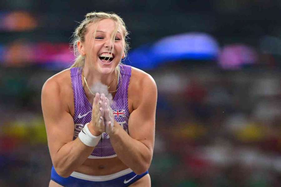 Molly Caudery reacts during the final of the women's pole vault