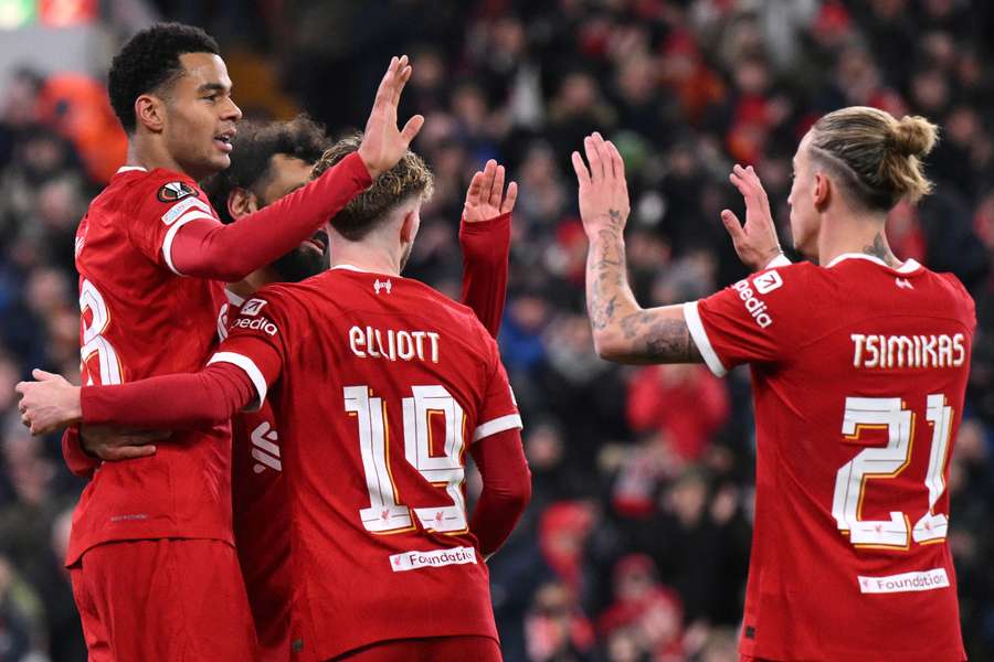 Cody Gakpo celebrates after doubling Liverpool's lead inside the opening 15 minutes