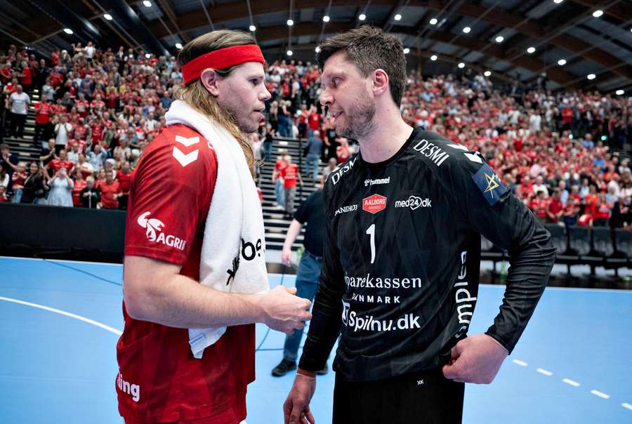Aalborg Håndbolds målmand Niklas Landin og Mikkel Hansen efter sejren over Telekom Veszprém