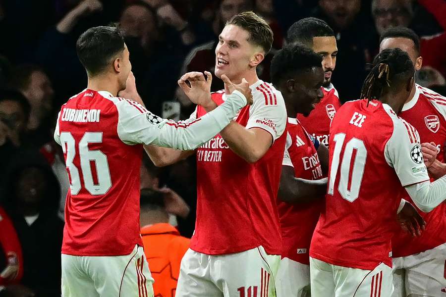Viktor Gyokeres celebrates after scoring Arsenal's fourth goal against Atletico Madrid