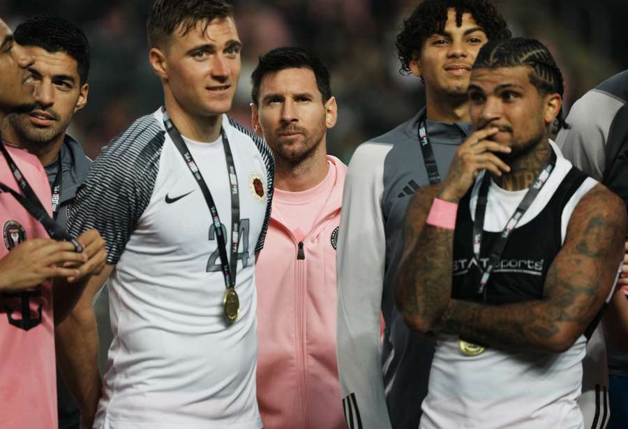 Inter Miami's Lionel Messi, Julian Gressel, Luis Suarez and DeAndre Yedlin during the trophy presentation after the match