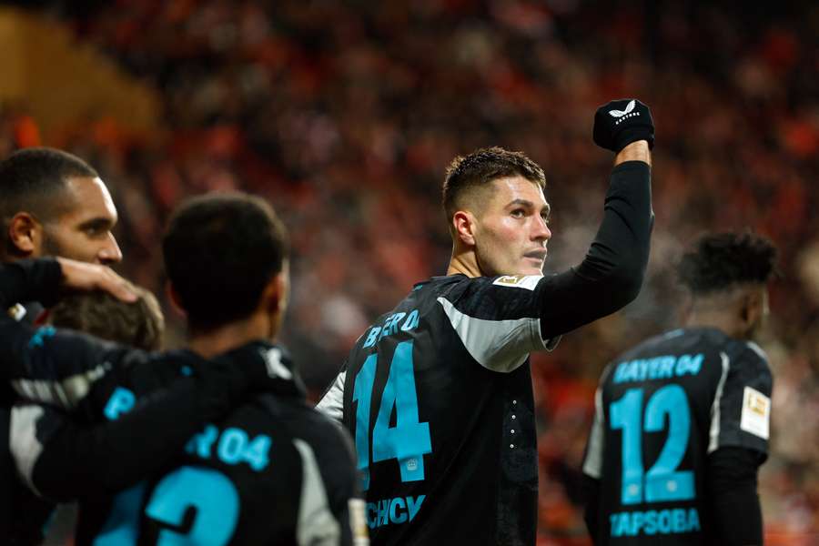 Patrik Schick celebrates scoring his side's winning goal against Union Berlin