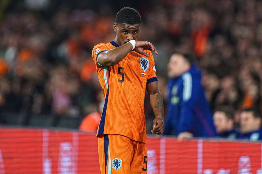 The Netherlands' Jorrel Hato looks on after receiving a red card against Spain