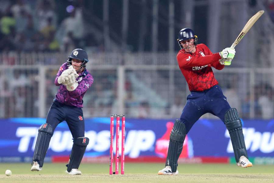 England's Tom Banton plays a shot against Scotland at the Eden Gardens in Kolkata