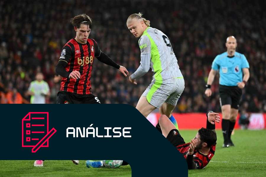 Alex Scott e Adam Smith, do Bournemouth, sob pressão de Erling Haaland, do Man City Alex Scott e Adam Smith, do Bournemouth, sob pressão de Erling Haaland, do Man City