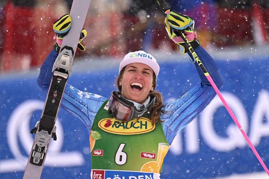 Paula Moltzan celebrates winning the women's giant slalom Paula Moltzan celebrates winning the women's giant slalom