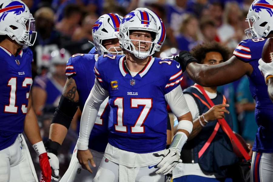 Buffalo quarterback Josh Allen celebrates after a touchdown in the Bills rout of Jacksonville