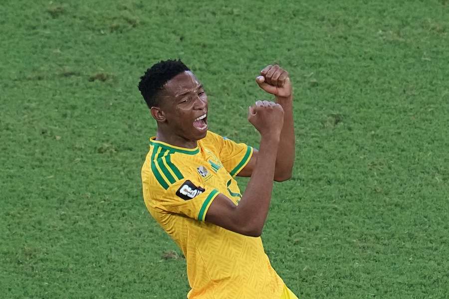 Midfielder Thalente Mbatha celebrates South Africa's win over South Korea 