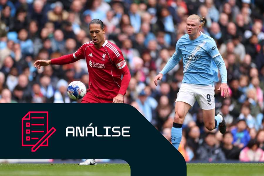 Virgil van Dijk, do Liverpool, em ação contra Erling Haaland, do Man City Virgil van Dijk, do Liverpool, em ação contra Erling Haaland, do Man City