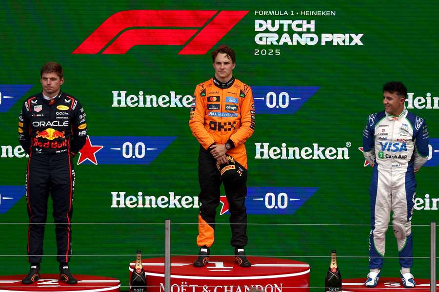 Isack Hadjar stands on the podium at the Dutch Grand Prix