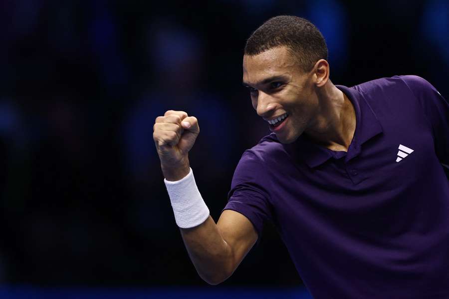 Canada's Felix Auger-Aliassime celebrates after winning his group stage match against Germany's Alexander Zverev Canada's Felix Auger-Aliassime celebrates after winning his group stage match against Germany's Alexander Zverev
