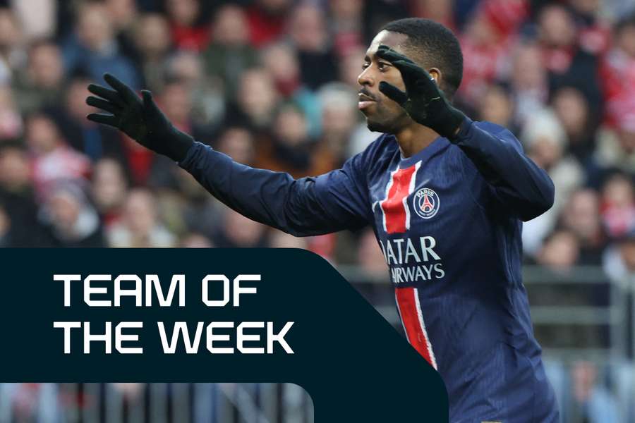 Dembele celebrates scoring against Brest