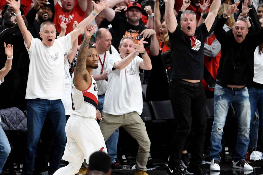 Damian Lillard waves off the Oklahoma City Thunder after hitting the game-winning shot in Game 5 of the first round of the 2019 NBA Playoffs