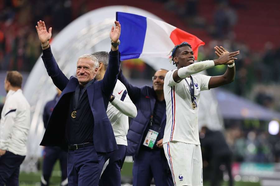 Paul Pogba of France and Didier Deschamps Head Coach of France 