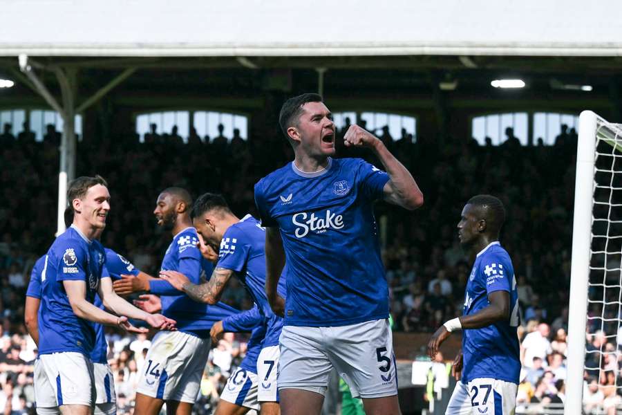 Michael Keane celebrates after giving Everton the lead against Fulham
